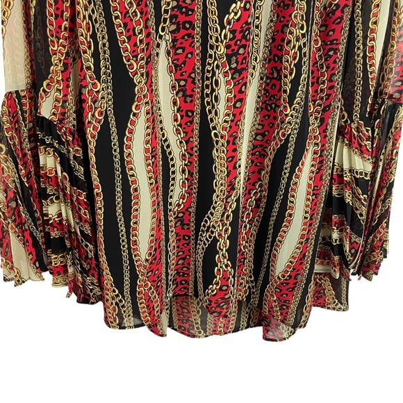 Peter Nygard Chain Print Blouse Top XL Trumpet Sleeve Red Black Career - Picture 5 of 9